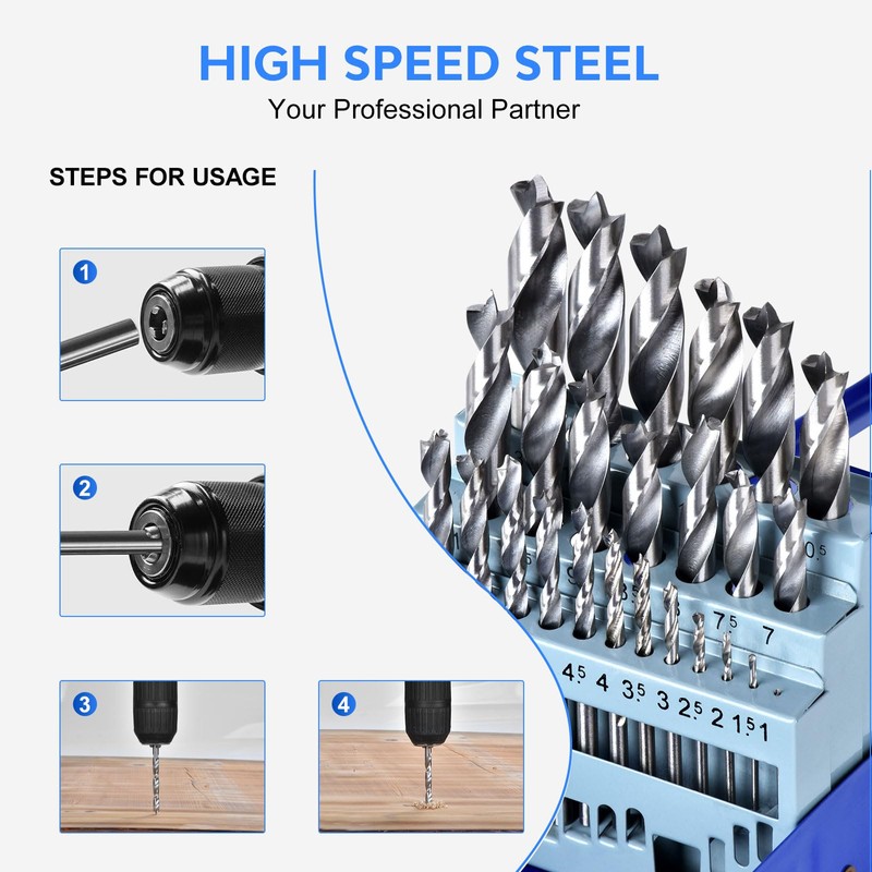 25PCS HSS Drill Bit Set,Ø1.0 to 13mm Brad-point Drill Bits