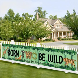 Kimini-Ki Born Two Be Wild Birthday Banner Decorations, Large Two Wild Banner Yard Banner, Two Wild Birthday Decorations, Animal Themed Two Years Old Party Decorations