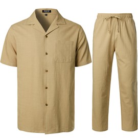 JEMITOP Men's 2 Piece Linen Outfits Summer Walking Suit Casual Cuban Guayabera Button Down Shirt and Pants Set Beach Vacation Khaki XL