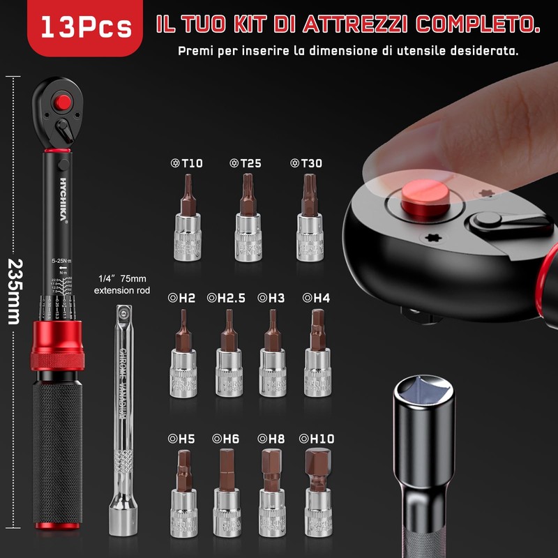 HYCHIKA Kit da 13 Chiavi Dinamometriche 1/4" 5-25Nm, Precisione ±2%,