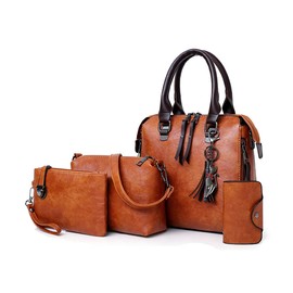 Himlaya Women Faux Leather Handbag, Ladies Large Shoulder Bags Fashion Messenger Bag for Shopping Work School Travel 4 Pcs Set Daily Zipper Backpack (4pcs,Vintage brown)