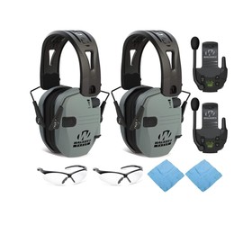 Walker's Razor Tacti-Grip Slim Hearing Protection Muff (Battleship Gray) with Rubber Headband Bundle with Muff Walkie Talkie, Shooting Glasses and Cleaning Cloth (2-Pack)(8 Items)