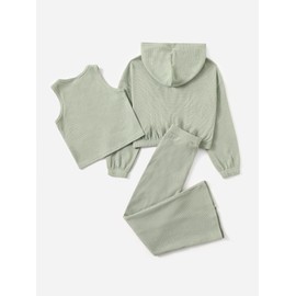 Floerns Girls Long Sleeve Hoodie Tank Split Flare Pants Set Three Piece Outfit A Green 8Y