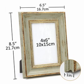 Sapowerntus Vintage 4x6 Picture Frame Gold Line Sage Green Distressed Photo Frames Set Antique Real Glass Wall Hanging Tabletop Display Home Decor Retro Shabby Chic Unique Gift