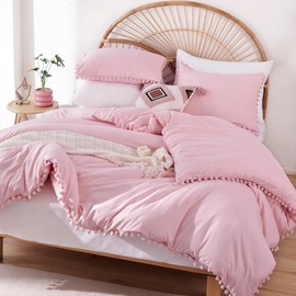 YIRDDEO Queen Comforter Set - Comforter Queen Size Sets with Ball Pom Fringe, Soft Bedding Set for All Seasons - 3 Pieces, 1 Comforter (90"x90") & 2 Pillow Shams (20"x26"), Dust Pink