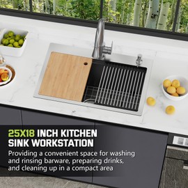 Kitchen Sink Workstation, 25x18 In Stainless Steel Drop In Modern Single Bowl Topmount Workstation Sink Combo-SS Grid,Drying Rack,Cutting Board And Drain Assembly For Various Kitchen&Bar