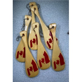 Wood Keychain, Canada - Canadian Flag, 1 Keychain with Ball Chain, Canoe Paddle Shape, Laser Engraved, Hand Painted, 5 inch (12.7 cm), Made in Canada