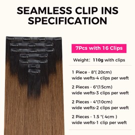 Lashey Seamless Clip in Hair Extensions Human Hair 110g 7pcs Yaki Straight Ombre Natural Black to Medium Auburn Clip in Hair Extensions with Invise Edge 22 Inch Remy Human Hair Extensions