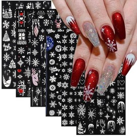 5D Embossed White Snowflake Nail Art Stickers,6 Sheets Engraved Snowflakes Nail Decals Tree Elk Xmas Winter Nail Art Accessories Christmas Nail Designs Adhesive Holiday Nail Sticker for Women Girls