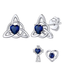 Bestyle Celtic Cross Stud Earrings with Synthetic Sapphire September Birthstone Clear Quartz Crystal Earring Elegant Silver Heart Earrings Stud CZ Earrings for Women