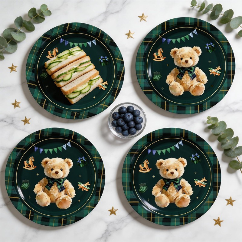 60Pcs Teddy Bear Baby Shower Decorations 7in Green Blue Tartan