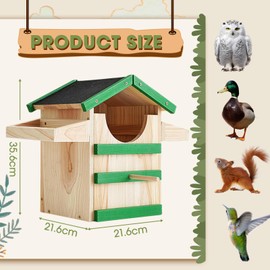 14 Inches Screech Owl House, Wooden Owl Nesting Box with Food Rack, Large Handmade Opening Nesting Box with Mounting Screws & Wood Shavings, Outside Hanging for Backyard