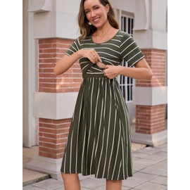 QINYI Women's Nursing Dress for Breastfeeding Dress Striped Sleeveless/Short Sleeve Postpartum Dress Nursing Friendly Dresses (US, Alpha, Medium, Regular, Regular, Olive Stripe)
