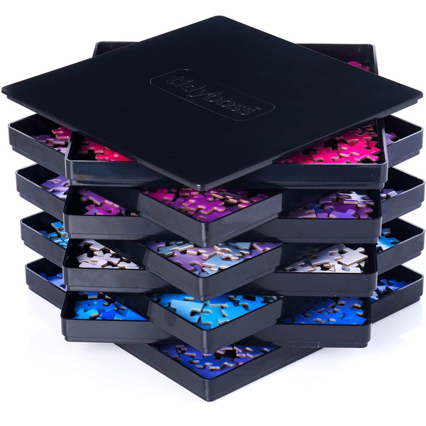 8 Puzzle Sorting Trays with Lid 8" x 8" - Jigsaw Puzzle Accessories Black Background Makes Pieces Stand Out to Better Sort Patterns, Shapes and Colors | for Puzzles Up to 1500 Pieces