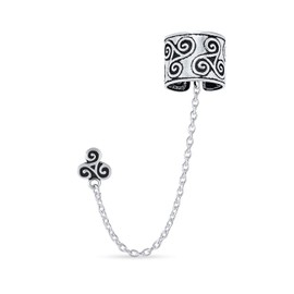 Celtic Irish Trinity Triskele Wrap Cartilage Ear Cuff Chain Pierced Ear Stud Earrings 1Pcs Oxidized .925 Sterling Silver