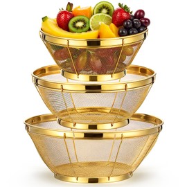 Baderke 3 Pieces Stainless Steel Gold Colander Metal Strainer with Handle Pasta Gold Colander for Kitchen Draining Pasta Rinsing Vegetables Rice Food, 3 Sizes (1.5-3-5 Quart,Novel)