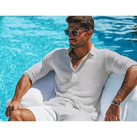 OYOZONE Men's Casual Linen Shirts Long Sleeve Polo Shirts Summer Beach Hippie T-Shirts White