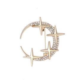 Dainty Crystal Moon Star Brooches Pins Statement Delicate Fashion Cubic Zircon Sparkling Lapel Pins Dress Suit Clothes Bouquet Ceremony Accessories Decoration Valentine's Day Wedding Niece Daughter Gift (Gold)