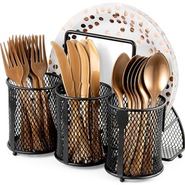 DTICON Metal Utensil Caddy Silverware Organizer, Paper Plate Holder Cutlery Container, Flatware Spoon Fork Storage for Outdoor Party Camping Picnic Buffet RV BBQ Farmhouse Kitchen Countertop (Black)