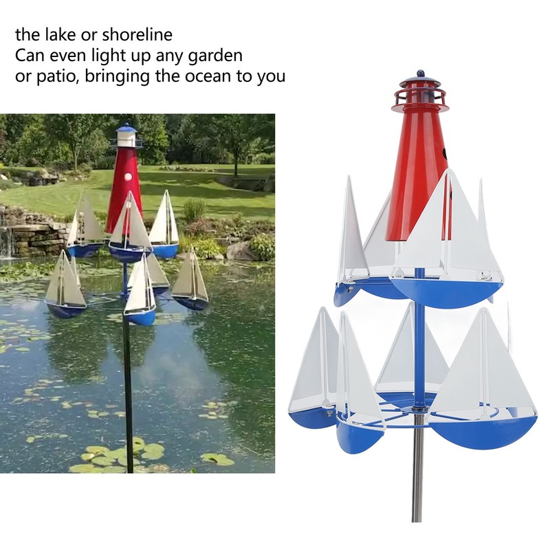 Summer Lighthouse Sailboat Windmills 360 Degree Rotation Weathervane Metal Windmill