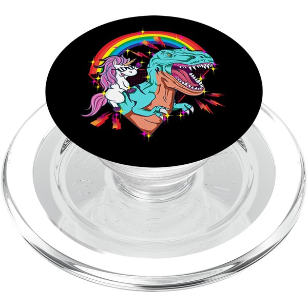 Epic Unicorn Riding T-Rex with Rainbow and Retro Vibes PopSockets