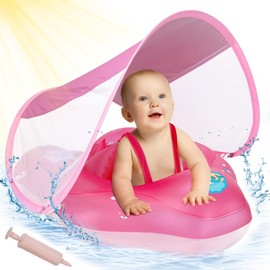 ANSTEN Baby Swimming Ring with Sun Canopy, Inflatable Baby Float, Swimming Hoop Baby with Inflatable Swimming Buoy, Swimming Trainer, Swimming Aid Toy, Baby Swimming Ring from 6 Months (Rose Red)