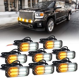 Xprite White Amber 20 LED Surface Flush Mount Grille Emergency Strobe Lights Kit Ultra Slim Deck Dash Grill Side Marker Warning Hazard Flashing Light for Vehicles Van Cars SUV ATV Truck Pickup 8PCS