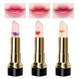 Emperoch 3 Pcs Flower Jelly Lipstick, Crystal Flower Jelly Lipstick,Magic Temperature Color Changing Lipstick, Lipstick Lasting Moisturizer Color Change Lip Gloss