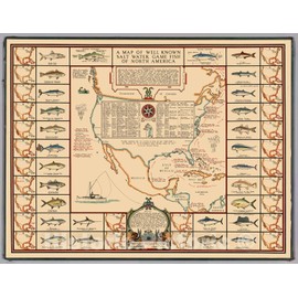 Historic Map - Map of Well Known Salt Water Game Fish of North America, 1936 - Vintage Wall Art - 44in x 34in