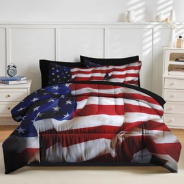 Nesker 5 Pcs Comforter Set Twin Size, Patriotic American Flag Bedding Set for Kids and Adults, Blue Red and White Federations Stars Bed Sheet Sets with Fitted Sheet Pillowcases & Shams