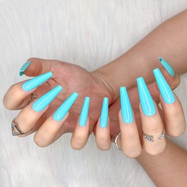 Artquee 24pcs Cyan Blue Pure Color Ballerina Long Coffin Glossy Fake Nails Press on Nail False Tips Manicure for Women and Girls