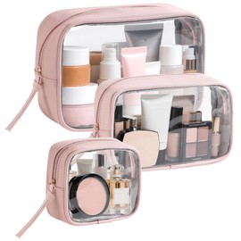 Vorspack Travel Makeup Bag - 3 Pack Travel Toiletry Bag for Women Clear Cosmetic Bag Makeup Organizer Zipper Pouch for Travel Essentials Storage - Pink