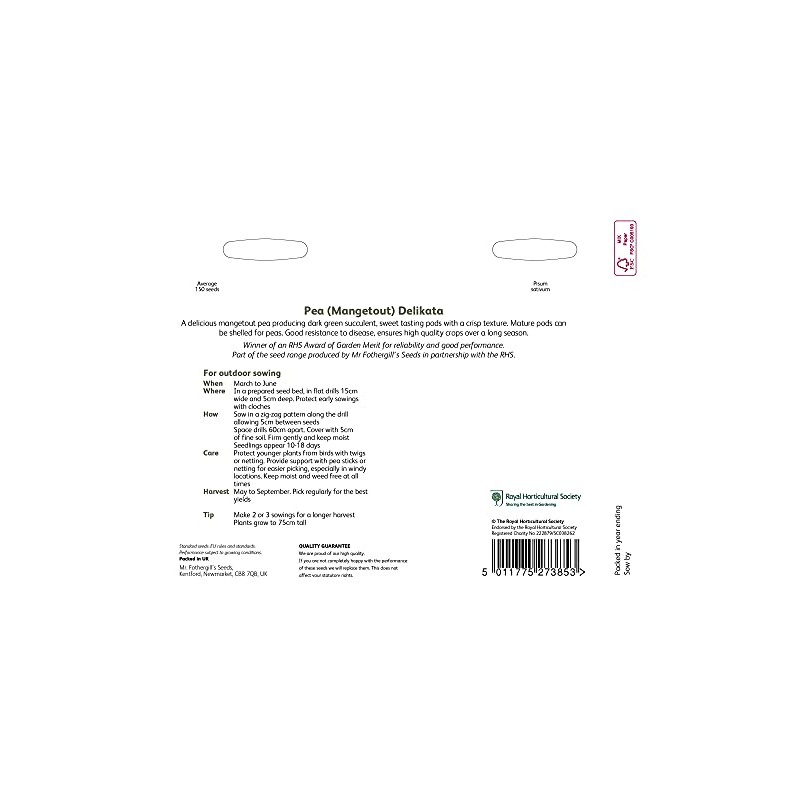 Mr Fothergills - Vegetable - RHS Pea (Mangetout) Delikata -