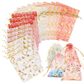 120 Pcs Valentine's Day Organza Bags, 3.5x4.7 inch Drawstring Gift Bags, Heart & Rose Candy Bags Treat Bags Mesh Jewelry Pouch Favor Bags Goody Bags for Valentine's Day Wedding Party