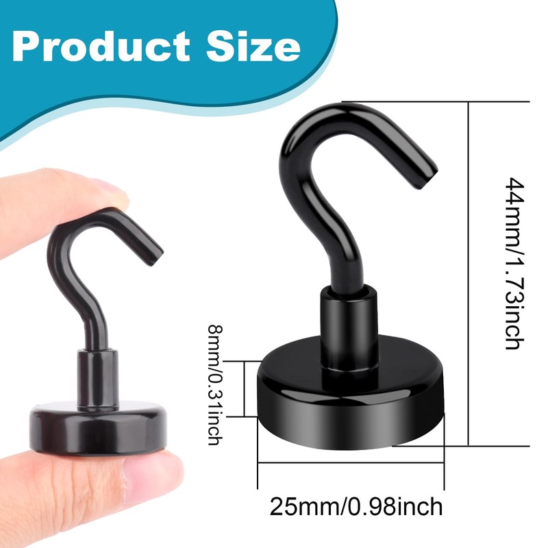 MIN CI 18pcs Black Magnetic Hooks Heavy Duty 45lbs, Neodymium
