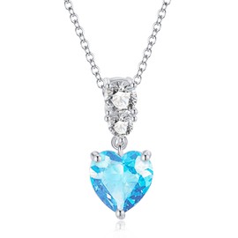 LOCIBLO March Birthstone Necklaces for Women 925 Sterling Silver Love Heart Pendant White Gold Blue Synthetic Aquamarine Necklace Jewellery for Her, 16"+2"