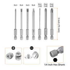HARFINGTON 12pcs Slotted Phillips Screwdriver Bit Set SL3/4/5/6 PH1(2.0) PH2(5.0/6.0) S2 Steel 1/4" Hex Shank 3" Length Magnetic Flat Cross Head Power Drill Bits