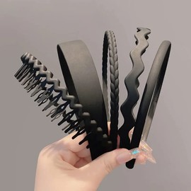 5PCS Non Slip Plastic Headbands for Women and Girls Wide Head Bands with Teeth Black Blue White Coffee Pink Green Hair Bands (Black)