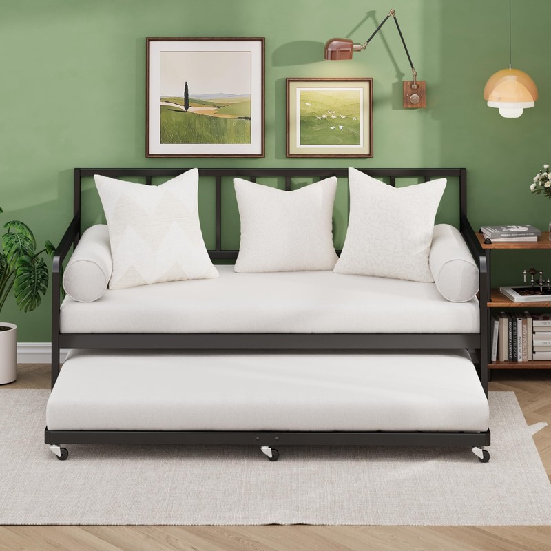 Lutown-Teen Twin Trundle Bed Frame with Metal Slats, Roll-Out Design,