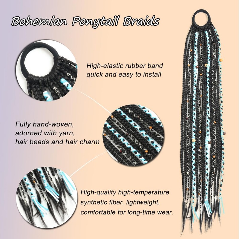 Boho Braided Ponytail Hair Extensions with Beads, 24" Viking Black