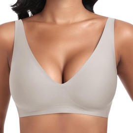 Jiuday Deep V Push Up Bra without Underwire for Women Comfortable Bra for Large Breasts Strong Hold Seamless Soft Bra Non-Wired Padded Seamless Smooth Bralette, lightgrey, XL
