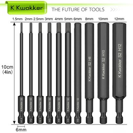 K Kwokker 10PCS 100MM Allen Wrench Drill Bits, 1/4 Inch Hex Shank Hex Screwdriver Bit Set with Mini Handle Screwdriver, 1.5mm-12mm Black Allen Key Bit Set for Assembling Furniture