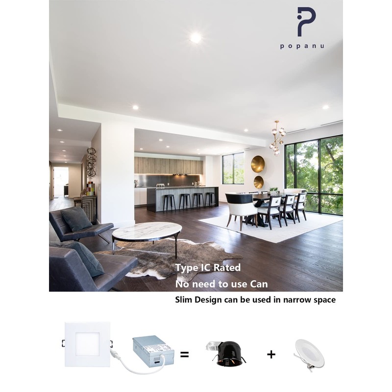 POPANU Recessed Lighting 4-inch Square-LED - Canless Recessed Light Fixture,