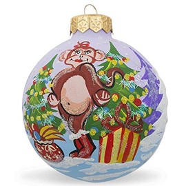 BestPysanky Monkey w/Christmas Tree and Gifts Glass Ball Christmas Ornament 3.25 Inch