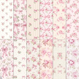 FYSUIMU 12Pcs Pink Bow Flower Cotton Fabric Bundles Vintage Rose Bowknot Fat Quarters Watercolor Sewing Fabrics for DIY Craft Party Decor, 18 x 22 Inch