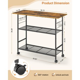 ThreeHio Kitchen Island with 3 Shelves, Rolling Kitchen Cart with 6 Hooks and Protective Shelf, Microwave Stand on Lockable Wheels, Bakers Rack Coffee Bar for Ding, Living Room, Outdoor, Metal Frame