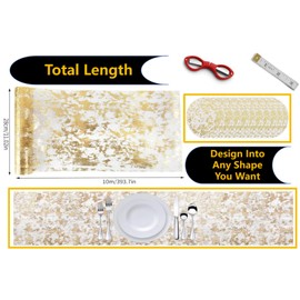 Hitopin 1 Piece Gold Table Runner, Gold Thin Mesh Table Runner Roll, Thin Metallic Mesh Gold Table, Glitter Metallic Gold Runners, with 1 Measuring Ruler,1 Scissors, for Party, Wedding(Gold,28cm*10m)