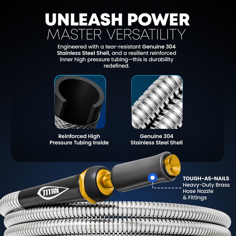 TITAN Garden Hose 100FT - 304 Stainless Steel Metal Water
