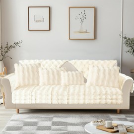 ZenDen Thick Rabbit Plush Sofa Cover 1 2 3 Seater Couch Covers, Fluffy Faux Fur Corner Non-Slip Sofa Cushion Cover L Shape Furniture Protector for Living Room (Cream, 70x150cm)
