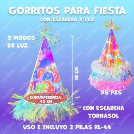 5 Gorros Led Cono Escarcha Tornasol Fiesta Feliz Cumpleaños Iridiscente